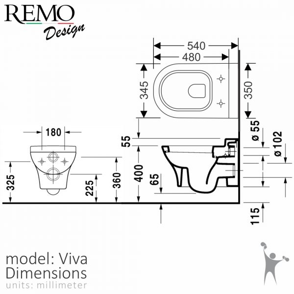 ابعاد سنگ کاسه توالت وال هنگ رمو دیزاین اسپرینگ