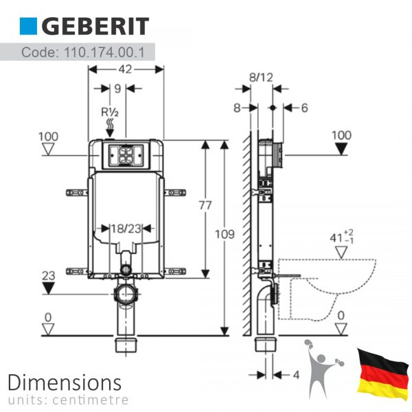 فلاش تانک توکار استراکچر نیم فریم کمبی فیکس وال هنگ گبریت آلفا Geberit Kombifix Alfa 8cm ابعاد 110.175.00.1